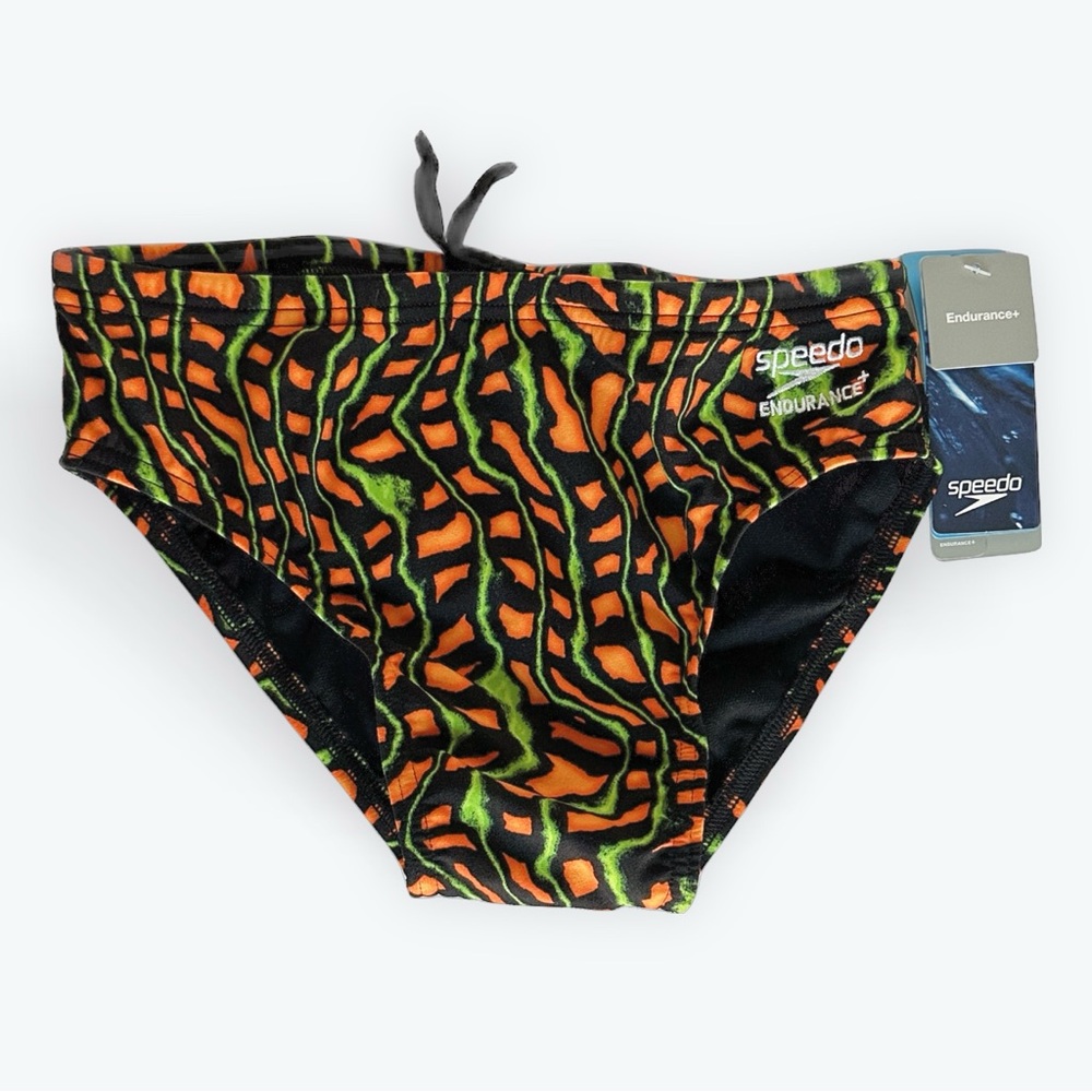 Speedo Endurance+ Men’s Swim Trunks - Black, Orange, and Green